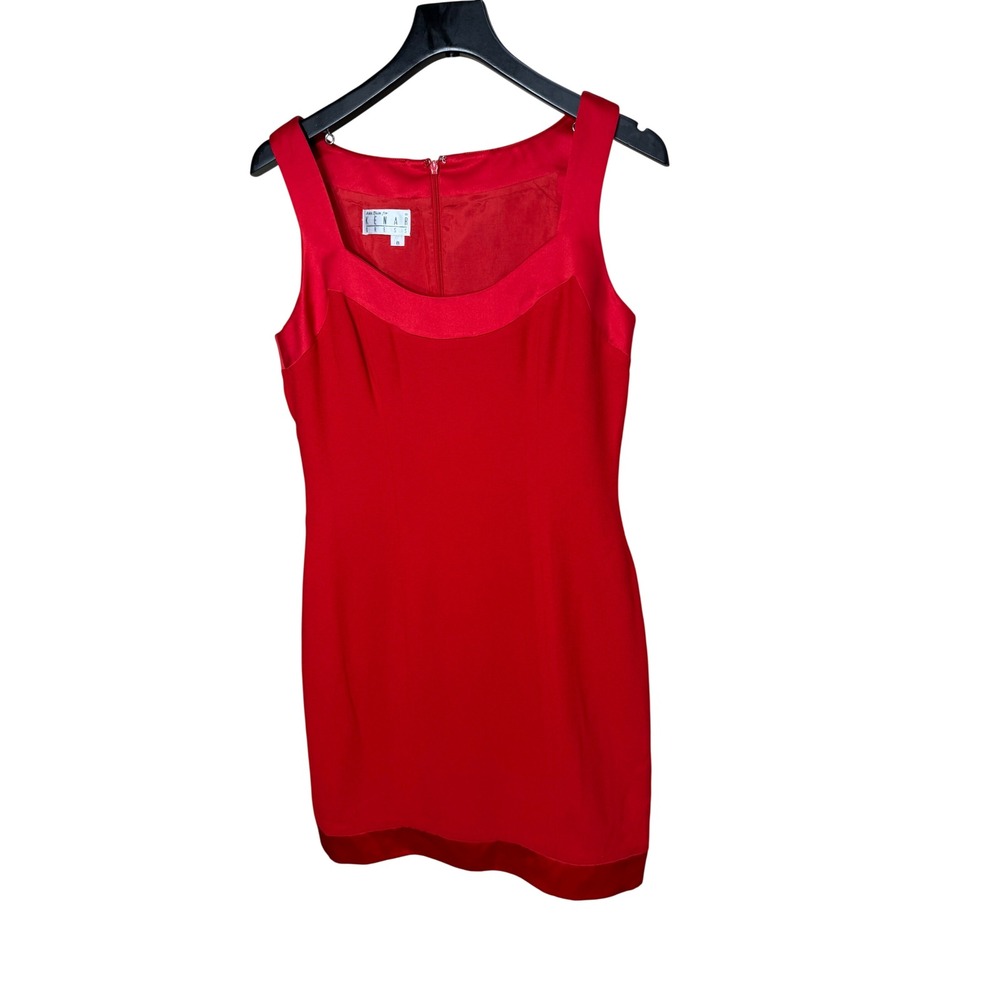 Ann‎ Tjian for Kenar Dress Red Sheath Square Neck Satin Trim Sleeveless Size 8